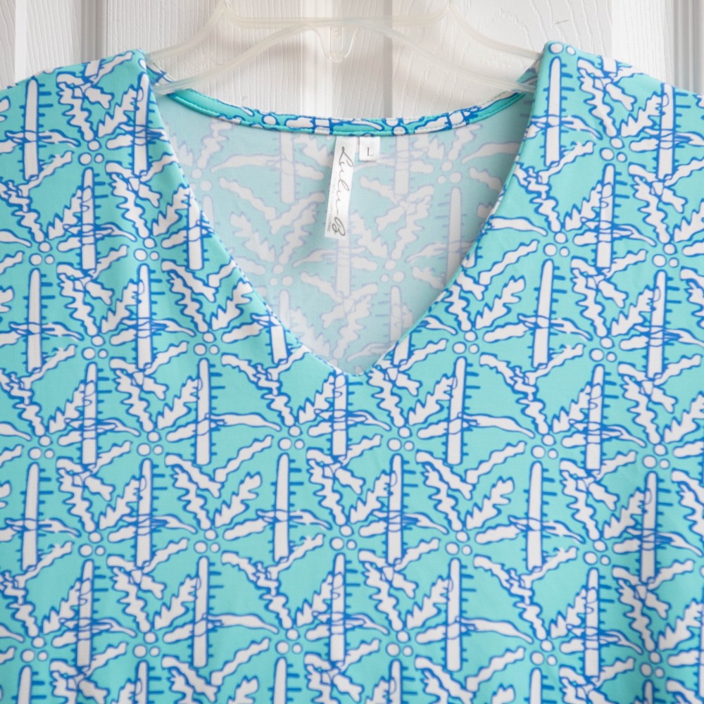 LuLu B Dress Sz L Palm Tree Print Blue Dress Beachy Resort Stretch Poolside Soft - Picture 2 of 5
